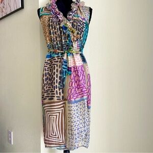ETRO Silk Patchwork Paisley Print Wrap Ruffled Belted Dress Sleeveless